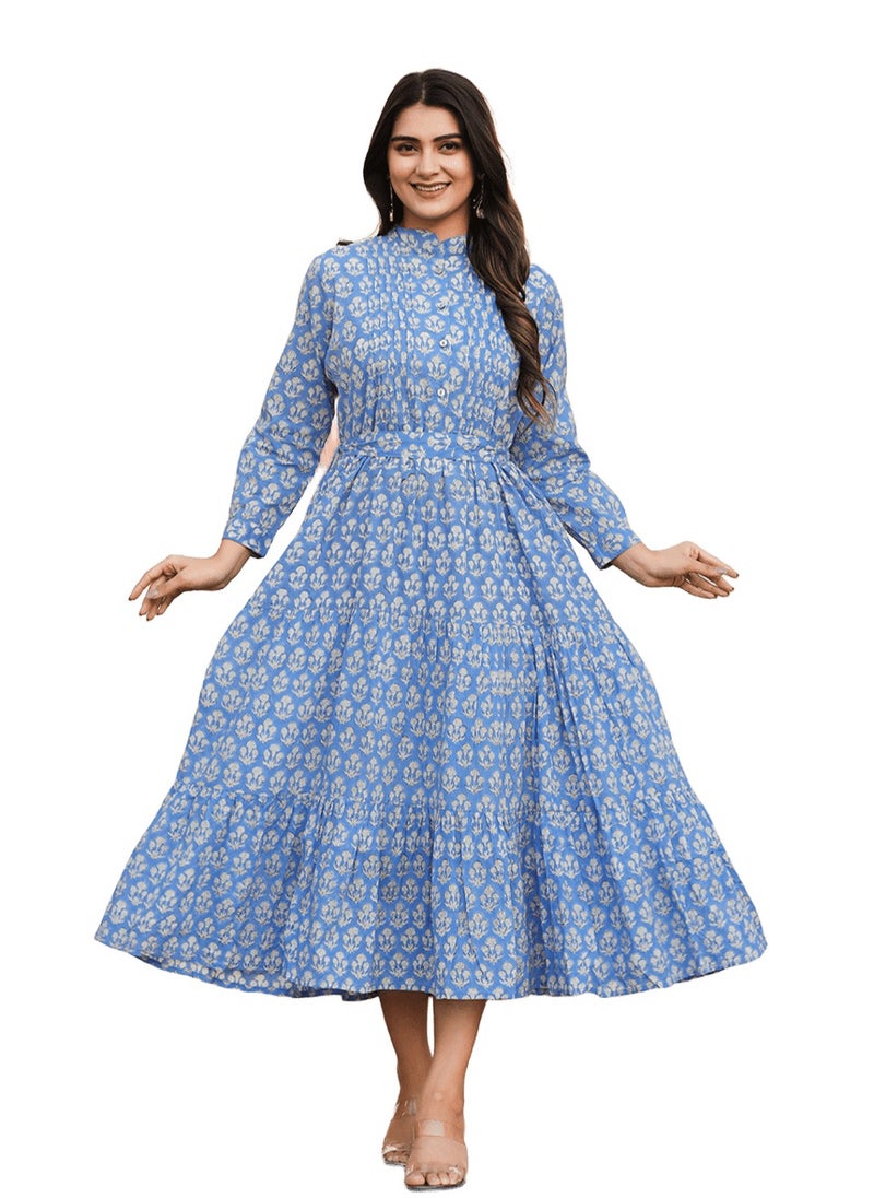 Blue Handblock Print Fit & Flare Midi Dress | Pure Cotton Ethnic Dress