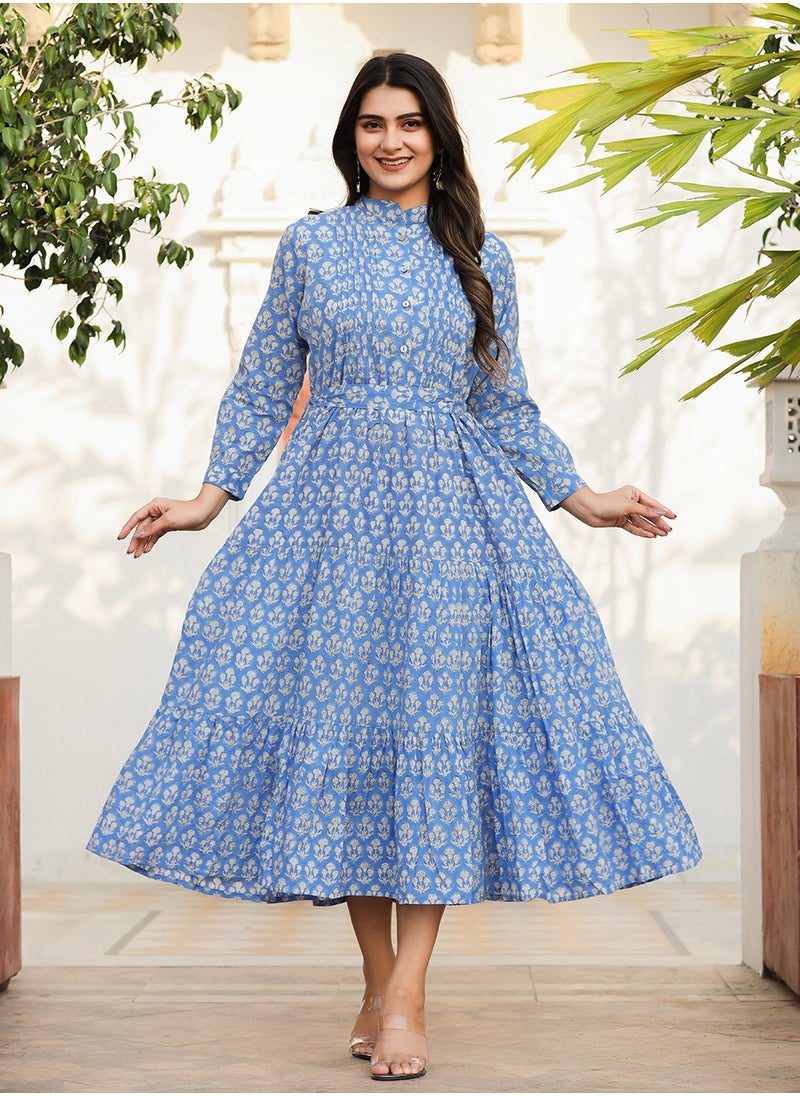 Blue Handblock Print Fit & Flare Midi Dress | Pure Cotton Ethnic Dress