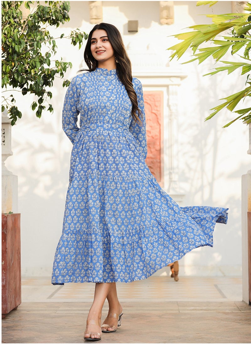 Blue Handblock Print Fit & Flare Midi Dress | Pure Cotton Ethnic Dress