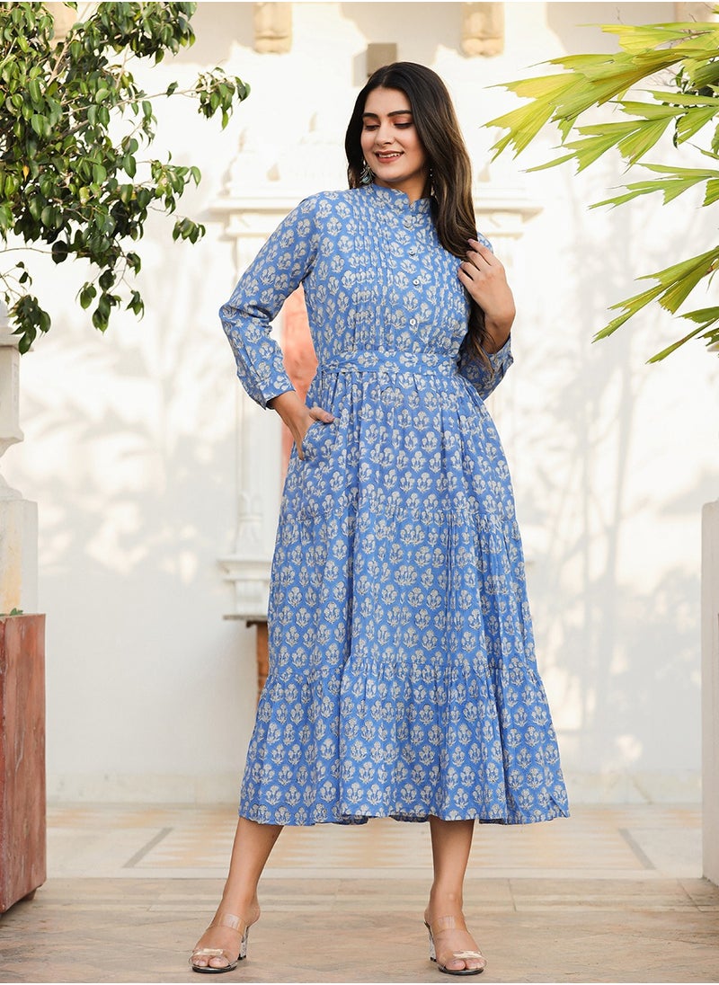 Blue Handblock Print Fit & Flare Midi Dress | Pure Cotton Ethnic Dress