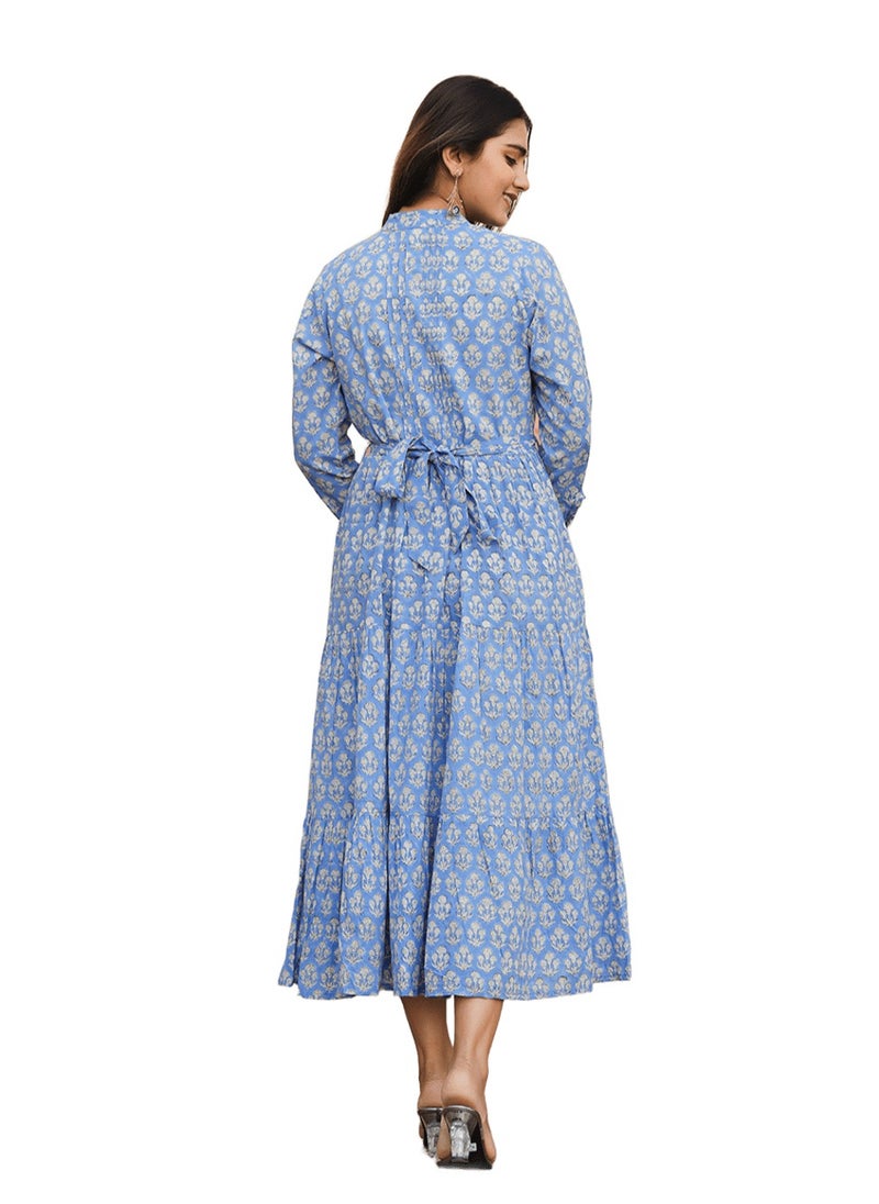 Blue Handblock Print Fit & Flare Midi Dress | Pure Cotton Ethnic Dress