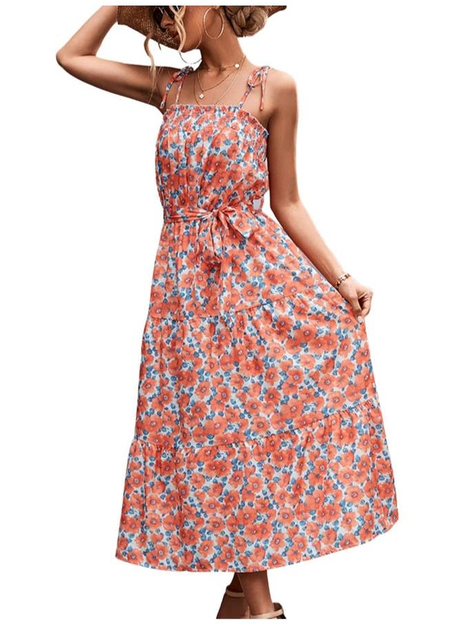 Women Summer Dresses Ruched Bust Midi Casual Elegant Belted Tie Sleeveless Straps Shoulder Boho Floral Print Dress(S-Orange Red)