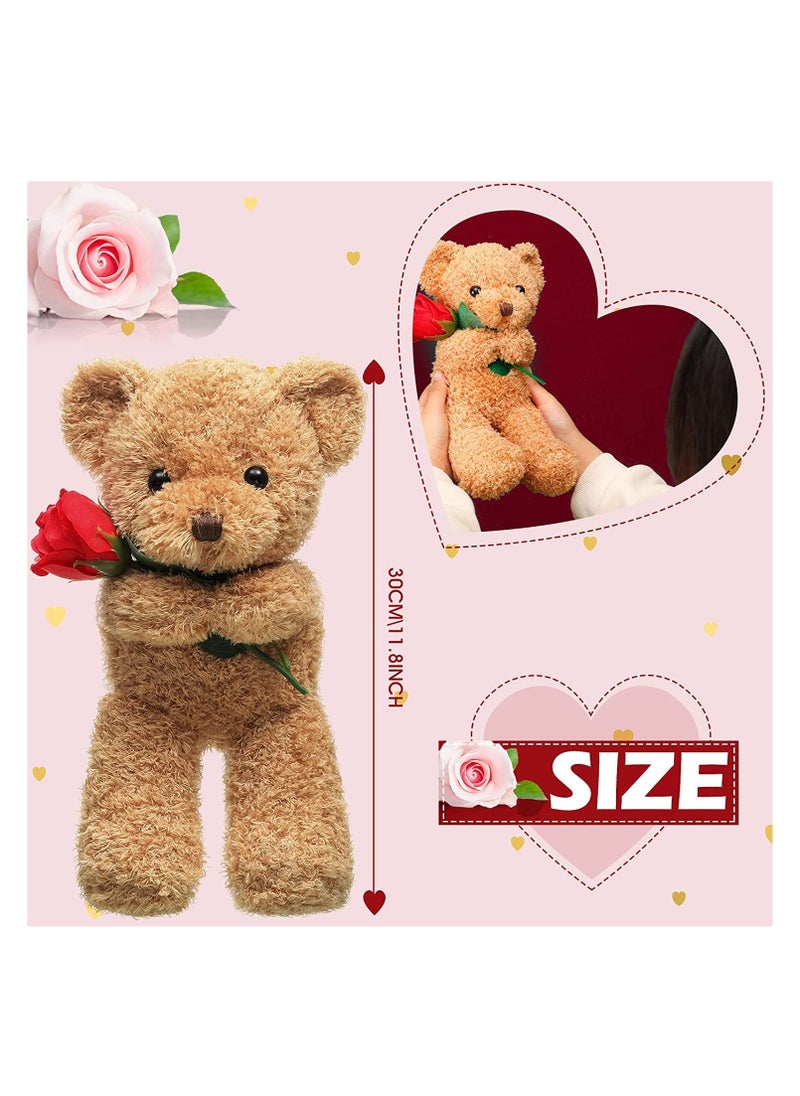 Plush Stuffed Animal Bear with Rose Funny C ute Stuffed Animal Plush Valen tine's Day Gifts for Kids Toddler g ir lf rie n d Mother's Day, 11.8 Inches Brown