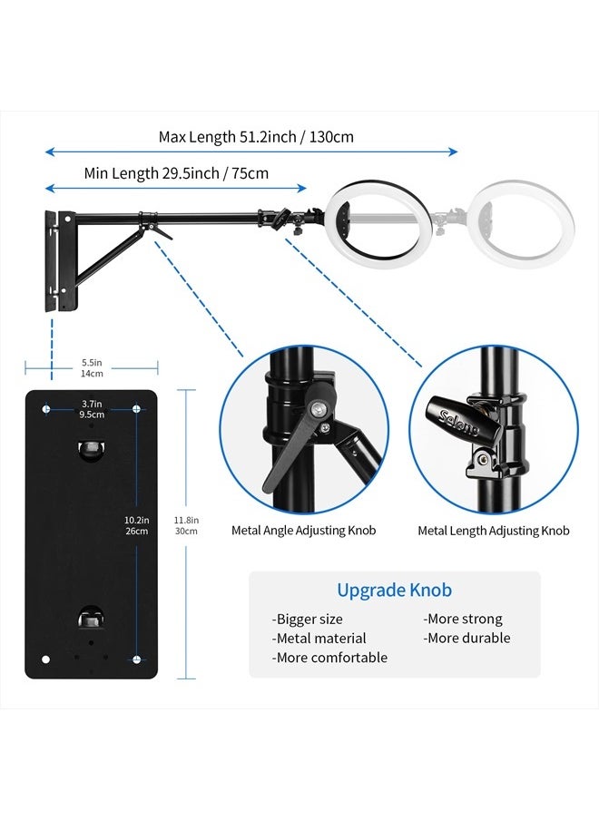 Wall Mount Boom Arm with Triangle Base, Max Length 51inches/130cm Adjustable Camera Mount Up to 4.26ft for Photography Studio Video Strobe Flash, Ring Light, Softbox, Umbrella Reflector etc.