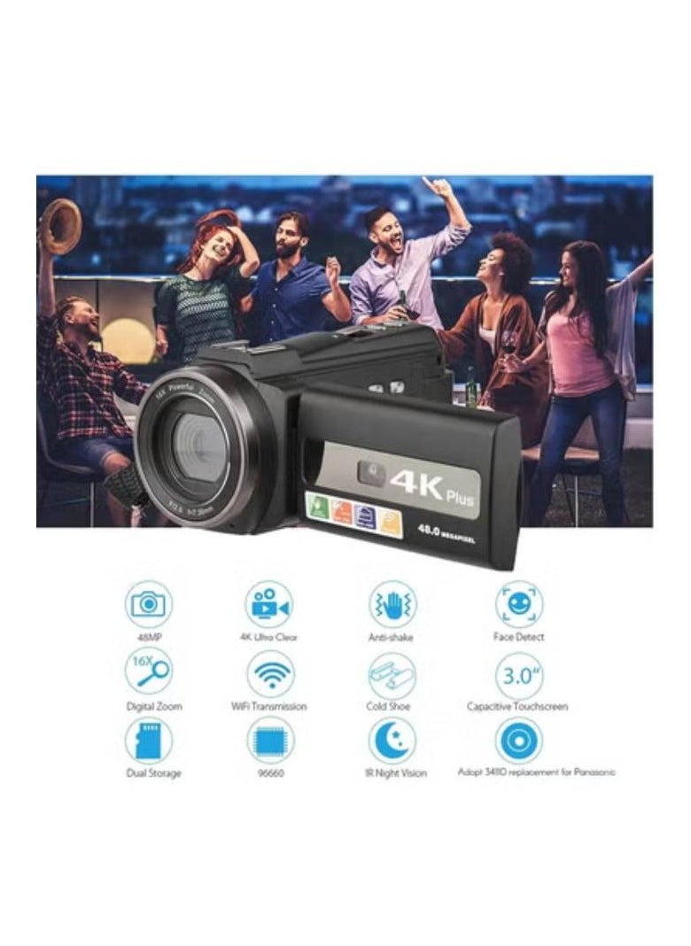 WiFi Digital Video Camcorder With 4K 60FPS 48MP HD Recording 16X Zoom 3 Inch Touchscreen Batteries And Remote Control