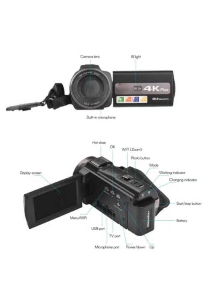 WiFi Digital Video Camcorder With 4K 60FPS 48MP HD Recording 16X Zoom 3 Inch Touchscreen Batteries And Remote Control