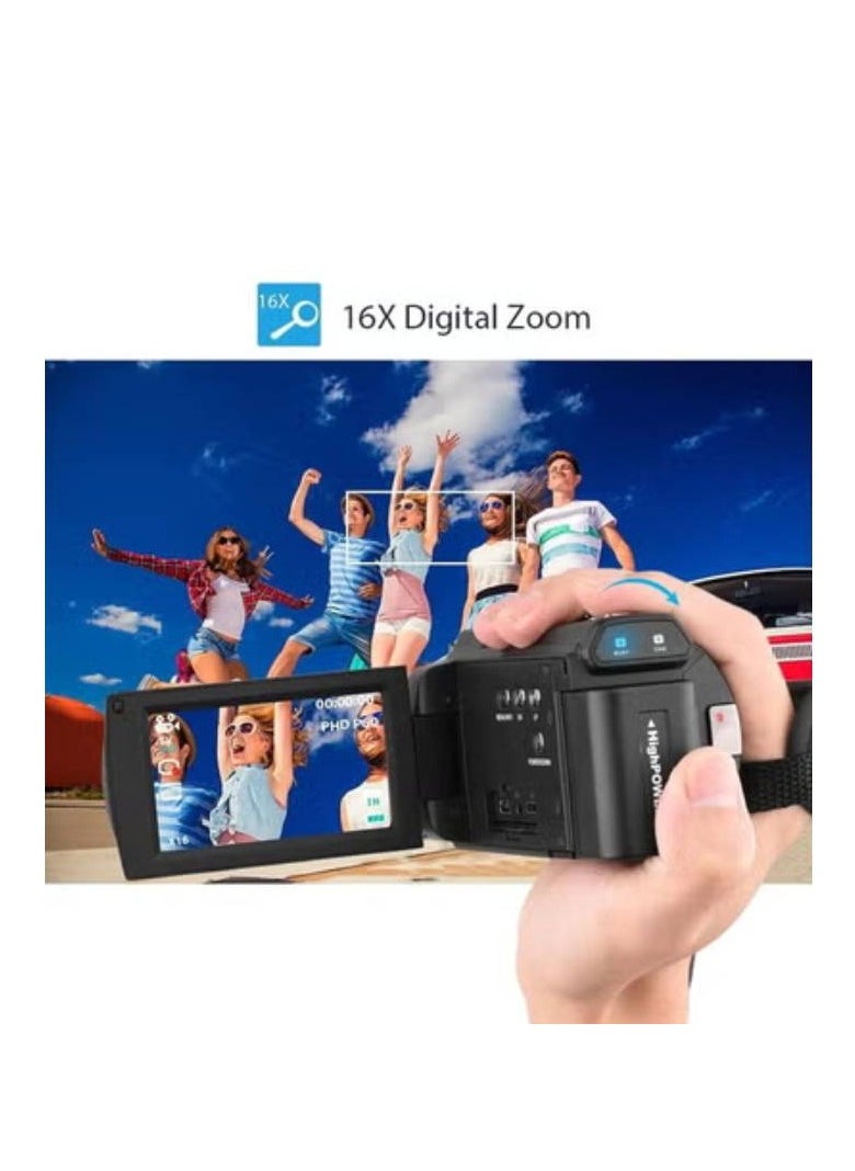 WiFi Digital Video Camcorder With 4K 60FPS 48MP HD Recording 16X Zoom 3 Inch Touchscreen Batteries And Remote Control