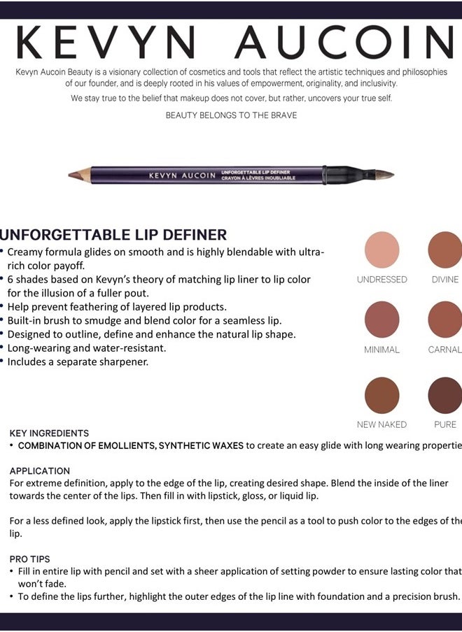 Unforgettable Lip Definer, Minimal: Long-wearing makeup lip definer. Water-resistant, defined tip accentuates lips. Blend-able. Dual-ended pencil and brush. All skin tones and types.