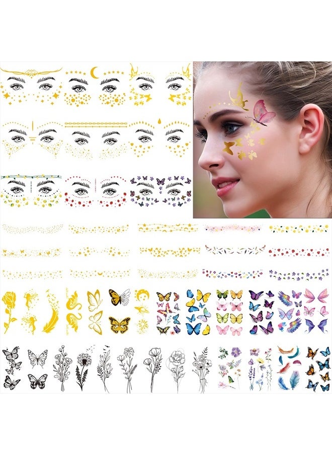 54 Sheets Gold Glitter Freckles Face Tattoo, 150+ Pcs Halloween Face Glitter Temporary Tattoo Stickers, Sparkle Freckles Metallic Face Gems, Faux Freckles Cute Glitter Makeup Accessories For Women