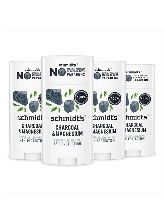 Aluminum-Free Vegan Deodorant Charcoal & Magnesium with 24 Hour Odor Protection, 4 Count for Women and Men, Natural Ingredients, Cruelty-Free, 2.65 oz