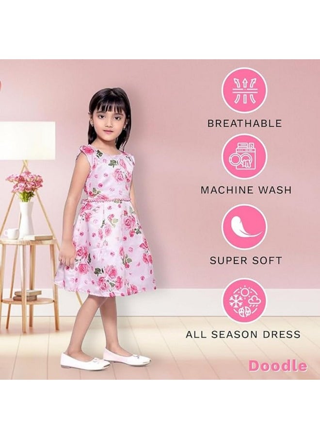 Doodle Girl Cute Casual Printed Knee Length Frock Dress with Cotton Lining Inside, Cap Sleeves & Round Neck (11-12 Years, Pink)