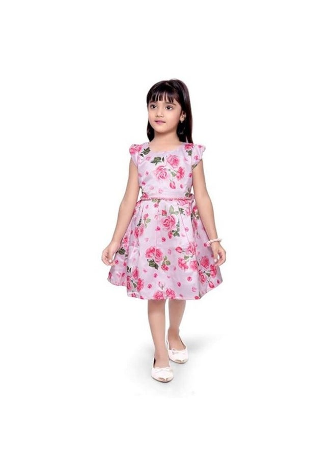 Doodle Girl Cute Casual Printed Knee Length Frock Dress with Cotton Lining Inside, Cap Sleeves & Round Neck (11-12 Years, Pink)