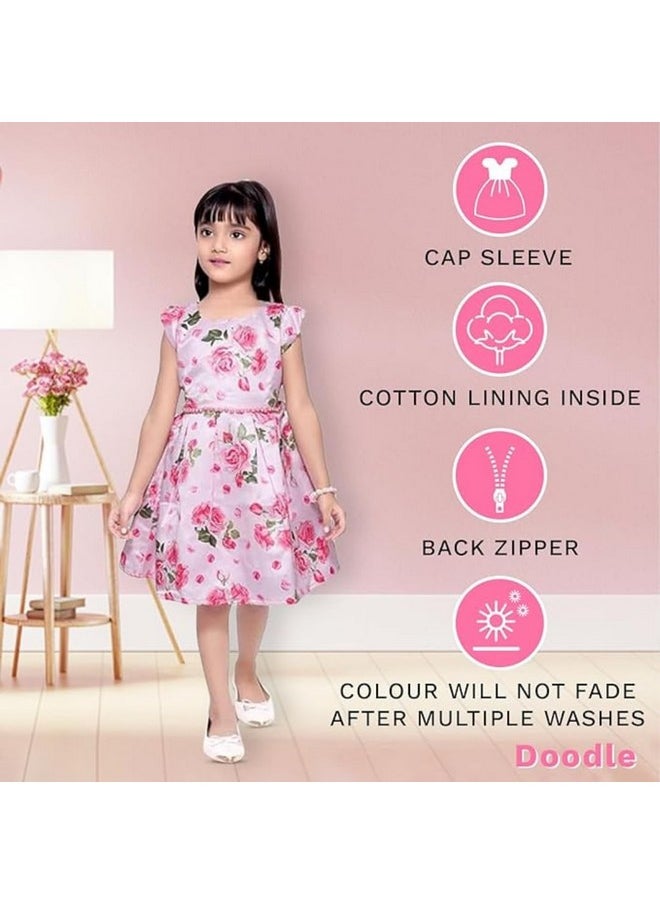 Doodle Girl Cute Casual Printed Knee Length Frock Dress with Cotton Lining Inside, Cap Sleeves & Round Neck (11-12 Years, Pink)