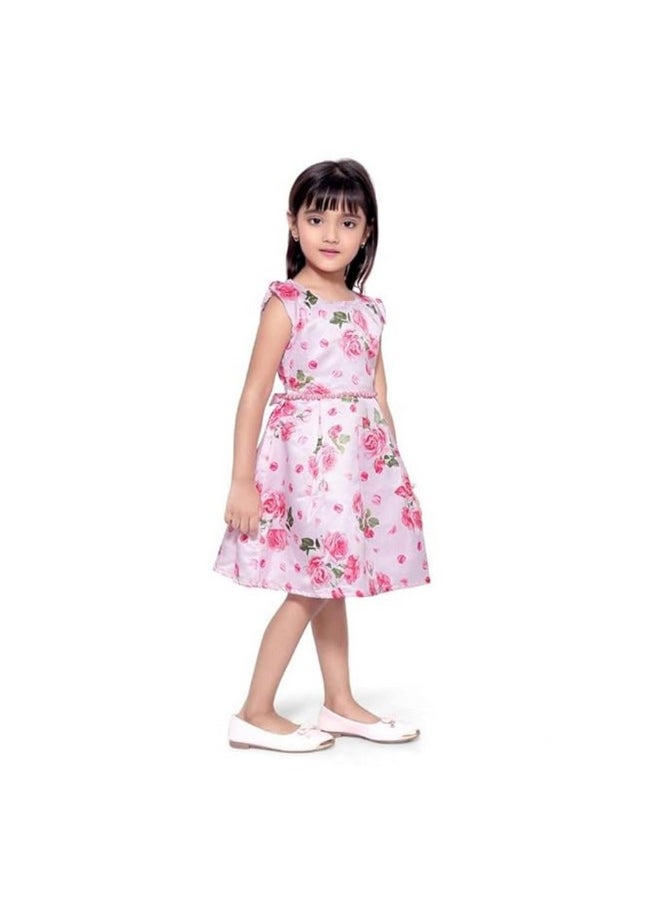 Doodle Girl Cute Casual Printed Knee Length Frock Dress with Cotton Lining Inside, Cap Sleeves & Round Neck (11-12 Years, Pink)