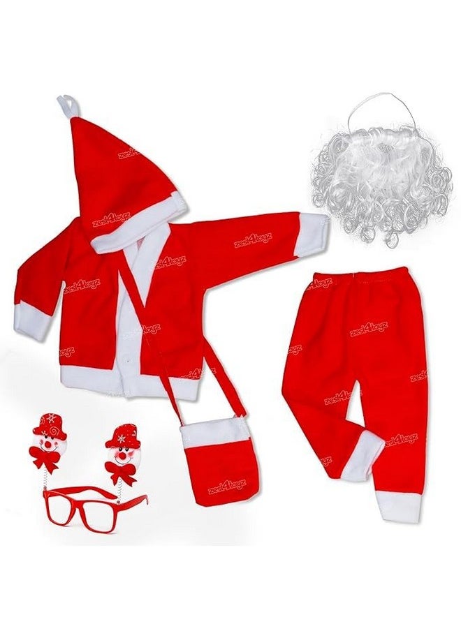 Zest 4 Toyz Synthetic Woven Santa Claus Dress For Kids Christmas Costume Dress With Jacket Pant Cap Goggles Beard And Pouch Santa Dress For Boys And Girls - Age 3 To 4 Years Old, Red