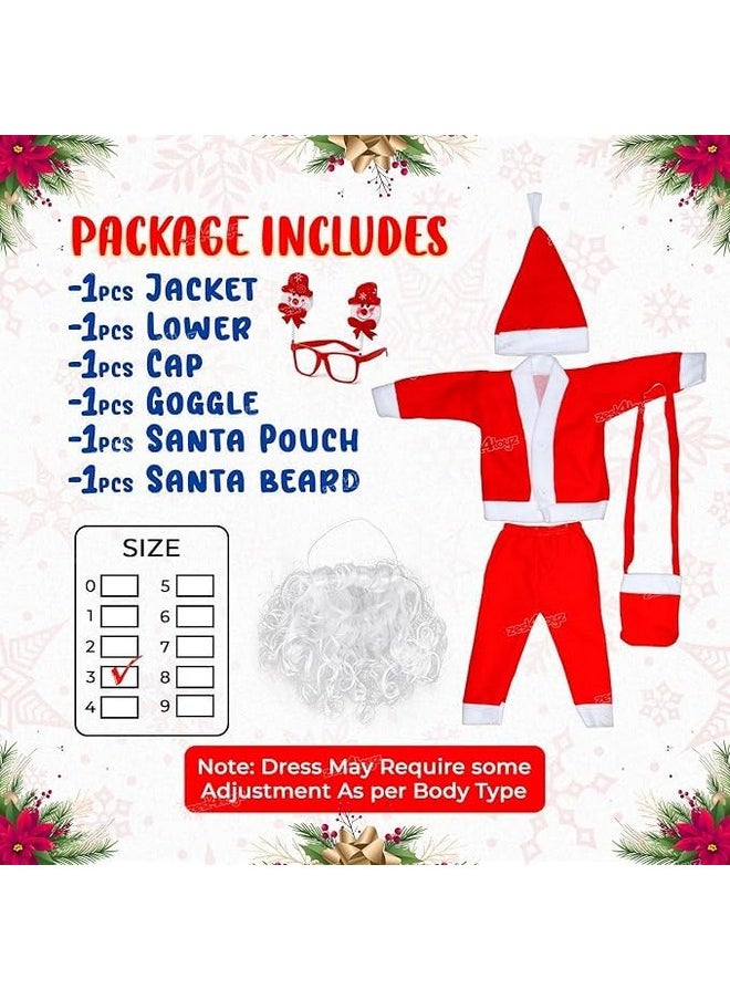 Zest 4 Toyz Synthetic Woven Santa Claus Dress For Kids Christmas Costume Dress With Jacket Pant Cap Goggles Beard And Pouch Santa Dress For Boys And Girls - Age 3 To 4 Years Old, Red