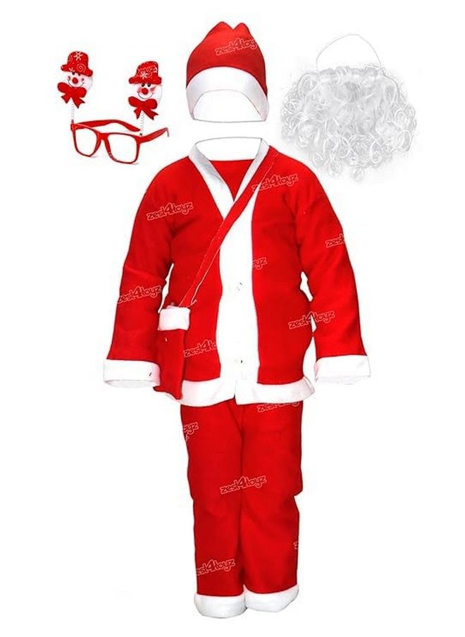Zest 4 Toyz Synthetic Woven Santa Claus Dress For Kids Christmas Costume Dress With Jacket Pant Cap Goggles Beard And Pouch Santa Dress For Boys And Girls - Age 4 To 6 Years Old, Red