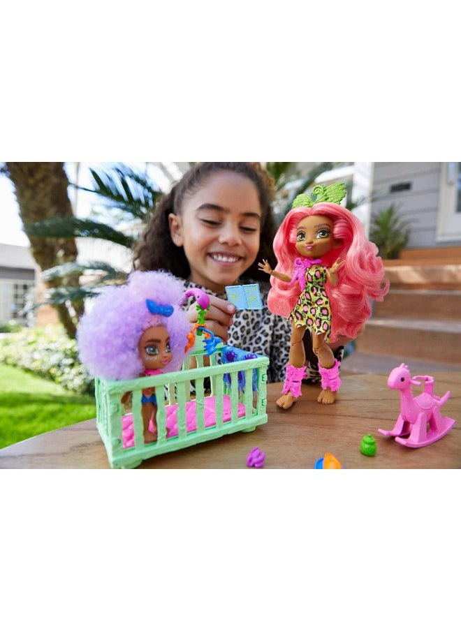 Mattel Cave Club Tot Sitting Adventure Babysitting Playset with Fernessa Doll (8 - 10-inch, Pink Hair), Toddler Doll, Crib, Rocking Horse and Accessories, Gift for 4 Year Olds and Up