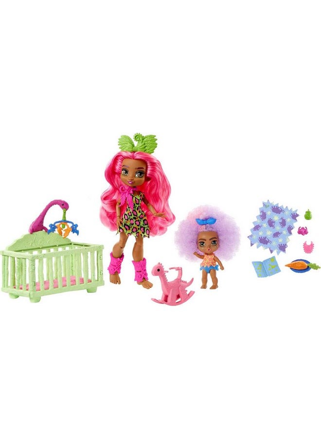 Mattel Cave Club Tot Sitting Adventure Babysitting Playset with Fernessa Doll (8 - 10-inch, Pink Hair), Toddler Doll, Crib, Rocking Horse and Accessories, Gift for 4 Year Olds and Up