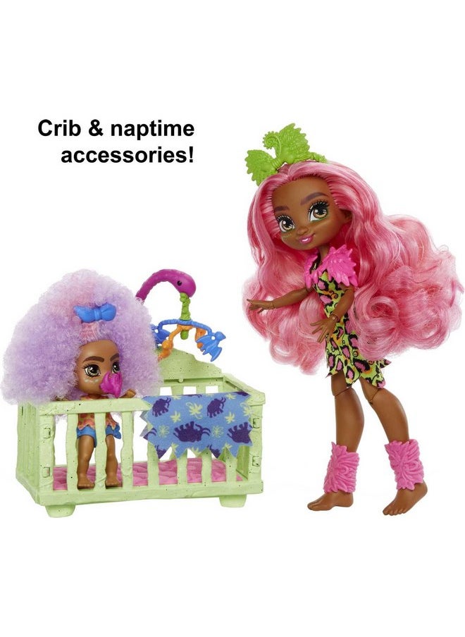 Mattel Cave Club Tot Sitting Adventure Babysitting Playset with Fernessa Doll (8 - 10-inch, Pink Hair), Toddler Doll, Crib, Rocking Horse and Accessories, Gift for 4 Year Olds and Up