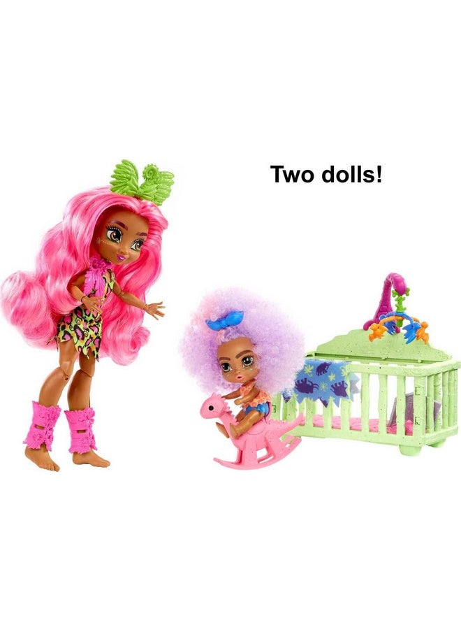 Mattel Cave Club Tot Sitting Adventure Babysitting Playset with Fernessa Doll (8 - 10-inch, Pink Hair), Toddler Doll, Crib, Rocking Horse and Accessories, Gift for 4 Year Olds and Up