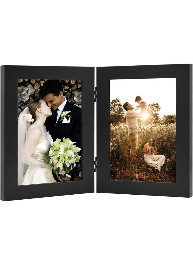 Golden State Art, 5x7 Double Picture Frame Vertical Hinged Photo Frame 2 Opening Folding Family Frames Collage, with Real Glass (5x7, Black, 1-Pack)