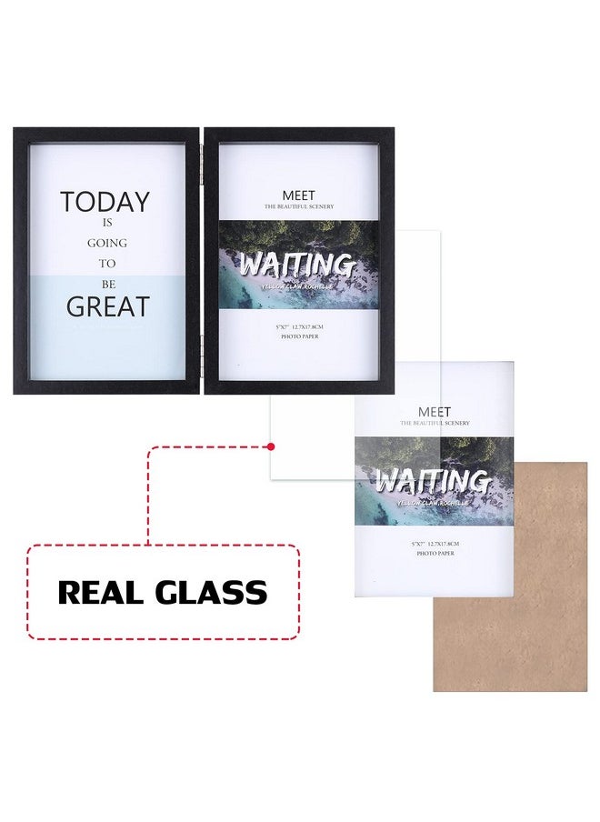 5x7 Double Picture Frame Wooden Hinged Photo Frame Definition Glass Stand Vertically on Desktop or Tabletop Black