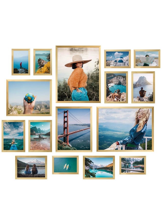 Giftgarden 16 Pack Gold Picture Frames for Multi Sizes Photos, Assorted Set Including Two 11x14, Two 8x10, Six 5x7, Six 4x6, Gallery Collage Frame for Wall or Tabletop Display