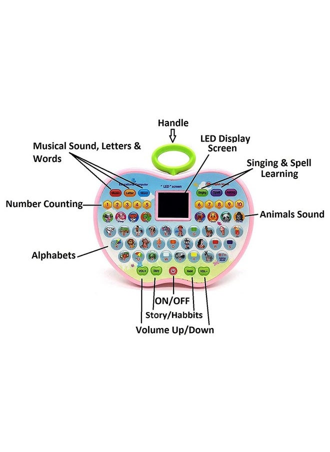 PARTEET Educational Mini Computer Toy for Kids- Apple Shape LED Display and Fun Music- Learning Alphabets, Numbers, Words, Animal and Story for Kids - Colour as per Stock