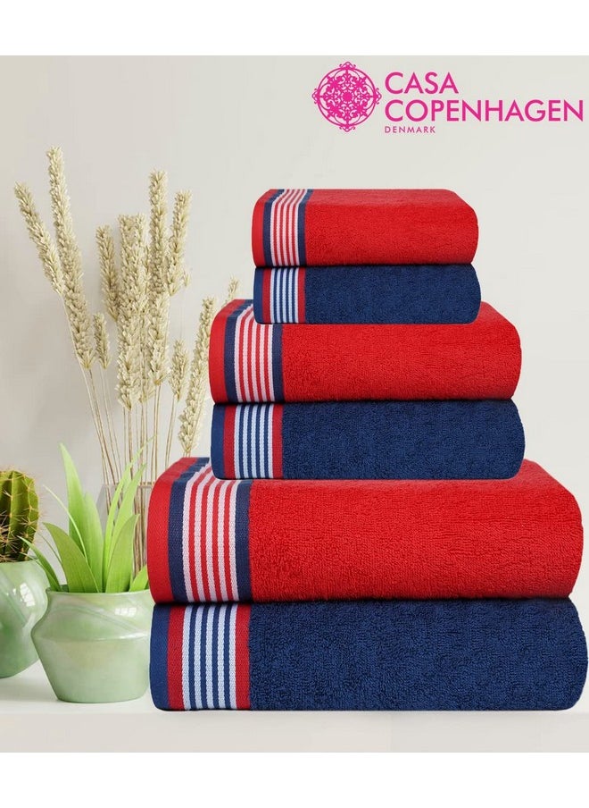 Casa Copenhagen, Germany Design - He & She Super Soft Collection 100% Cotton 6 Piece Towel Set, Includes 2 Bath Towels 2 Hand Towels 2 Washcloths - Red & Irish Blue