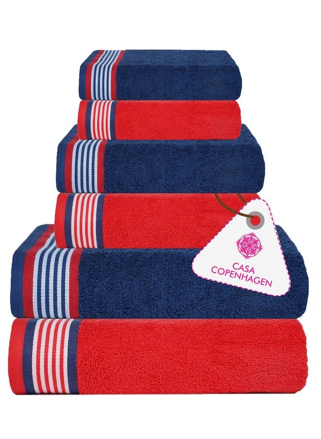 Casa Copenhagen, Germany Design - He & She Super Soft Collection 100% Cotton 6 Piece Towel Set, Includes 2 Bath Towels 2 Hand Towels 2 Washcloths - Red & Irish Blue