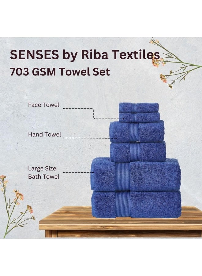 SENSES by Riba 703 GSM 6 pcs Towels Set - All Cotton Zero Twist Premium Hotel & Spa Quality Highly Absorbent (2 Bath Towels, 2 Hand Towel and 2 Wash Cloth) - Navy