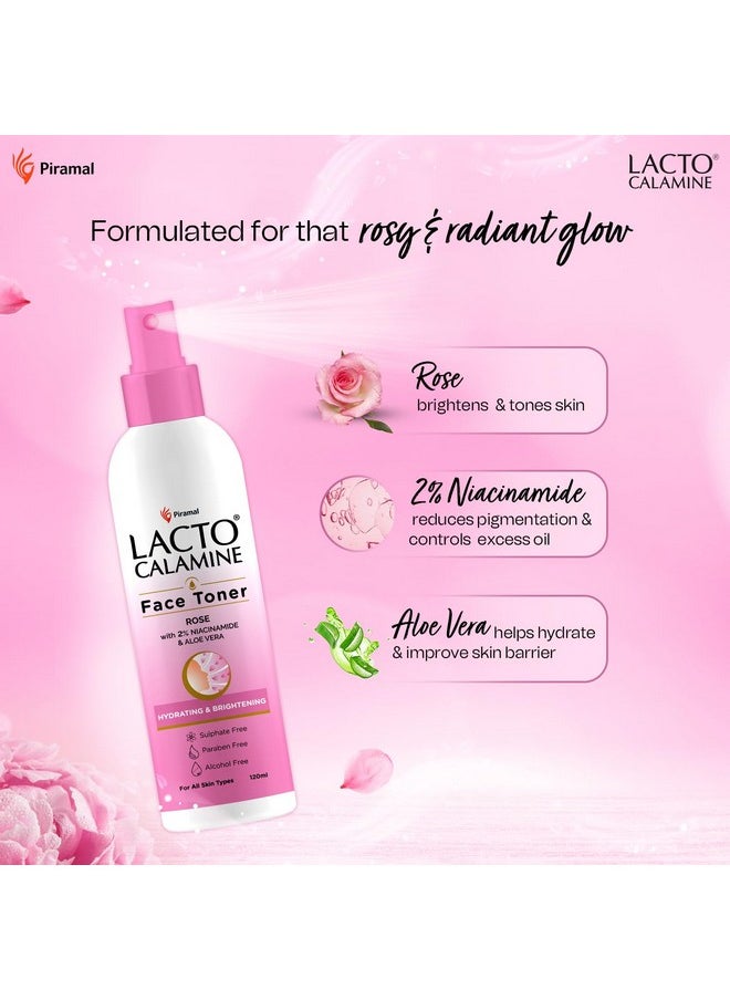 Lacto Calamine Rose Water Toner For Glowing Skin|120ml Each- Pack of 2| Gulab Jal Face Toner|Rosewater- Aloe Vera & 2% Niacinamide| Cleanses, Hydrates & Moisturises Skin|No Sulphate,Alcohol & Parabens