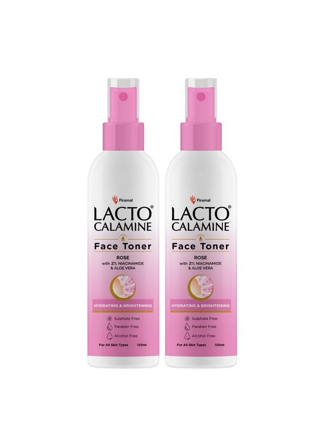 Lacto Calamine Rose Water Toner For Glowing Skin|120ml Each- Pack of 2| Gulab Jal Face Toner|Rosewater- Aloe Vera & 2% Niacinamide| Cleanses, Hydrates & Moisturises Skin|No Sulphate,Alcohol & Parabens