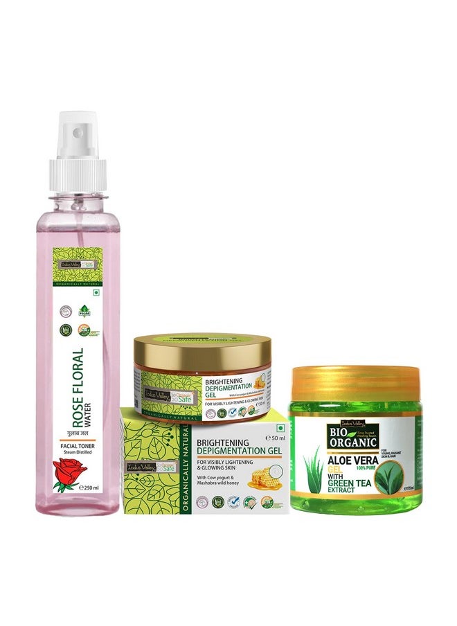 Indus Valley Bio Organic Pure Multipurpose Aloe Vera Gel 175 ml with Green Tea Extract and Depigmentation Gel - 50 ml Natural Cow's Milk Yogurt with Rose Water skin Toner -250 ml Organic Gulab jal