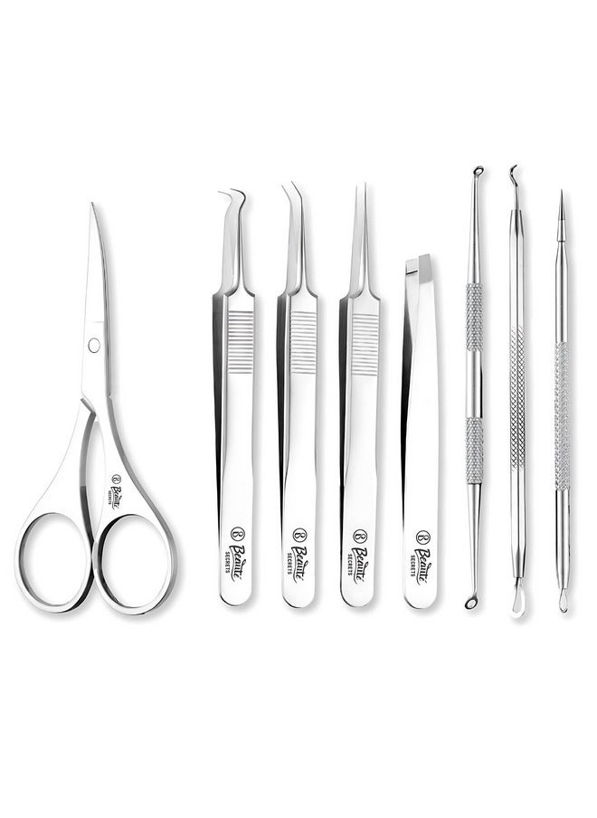 Beauté Secrets Blackhead Remover Tool Set of 8, Pimple Comedown Extractor, Whitehead Popping Treatment for Blemish, Zit Removing on Nose Face Skin, Non-Magnetic Straight & Curved Tip Tweezers for Mobile/Gadget/Laptop & Jewelry Repair