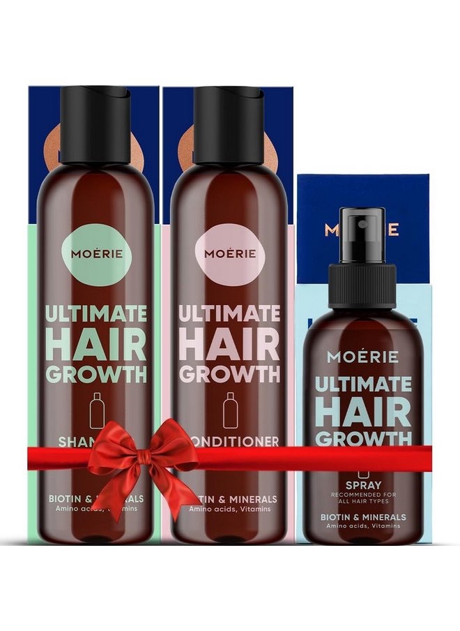 Moerie Mineral Shampoo and Conditioner Plus Hair Growth Spray Set - Ultimate Hair Care Pack - For Longer, Thicker, Fuller Hair - Volumizing Hair Care Products - Paraben & Silicone Free - 3 Products