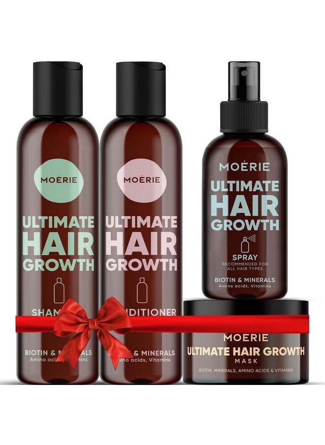 Moerie Shampoo and Conditioner Plus Hair Mask and Spray Mega Pack - The Ultimate Growth Care - For Longer, Thicker, Fuller Hair - Volumizing Products - Paraben & Silicone Free (Set of 4)