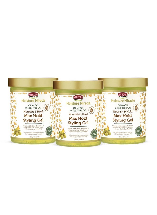 African Pride Moisture Miracle Olive & Tea Tree Oil Max Hold Styling Hair Gel (3 Pack), For Natural Coils & Curls, 18 oz