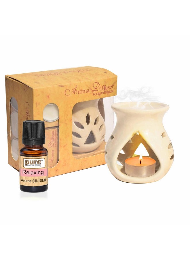 Pure Source India Ceramic Aroma Gift Set with 10 Ml Relaxing Aroma Oil and 4 Tea Candles, White