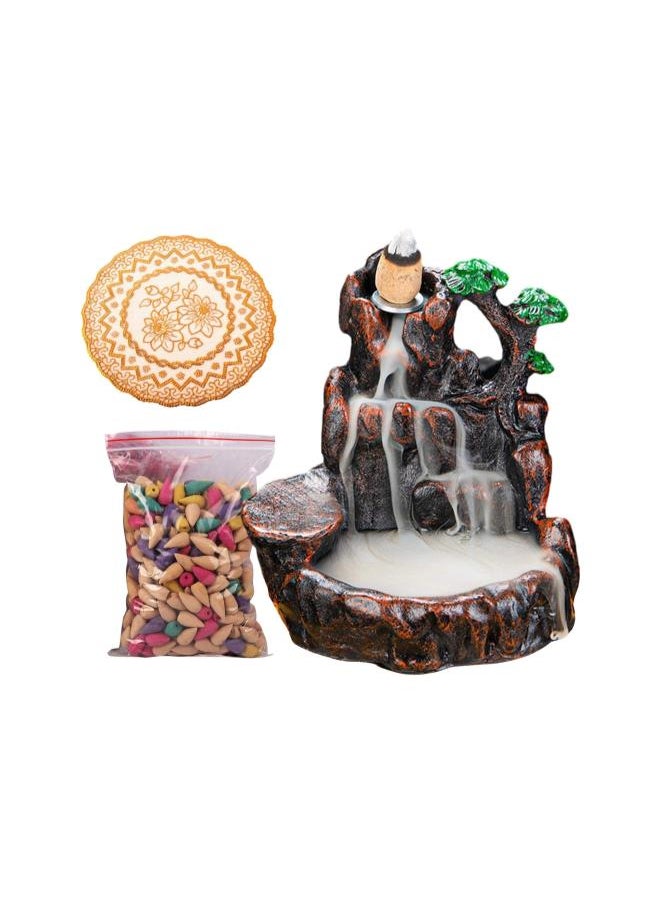 Backflow Incense Holder Waterfall Incense Burner, Resin River Mountain Censer Aromatherapy Ornament Home Decor with 50 Backflow Incense Cones & Anti-Slip Mat