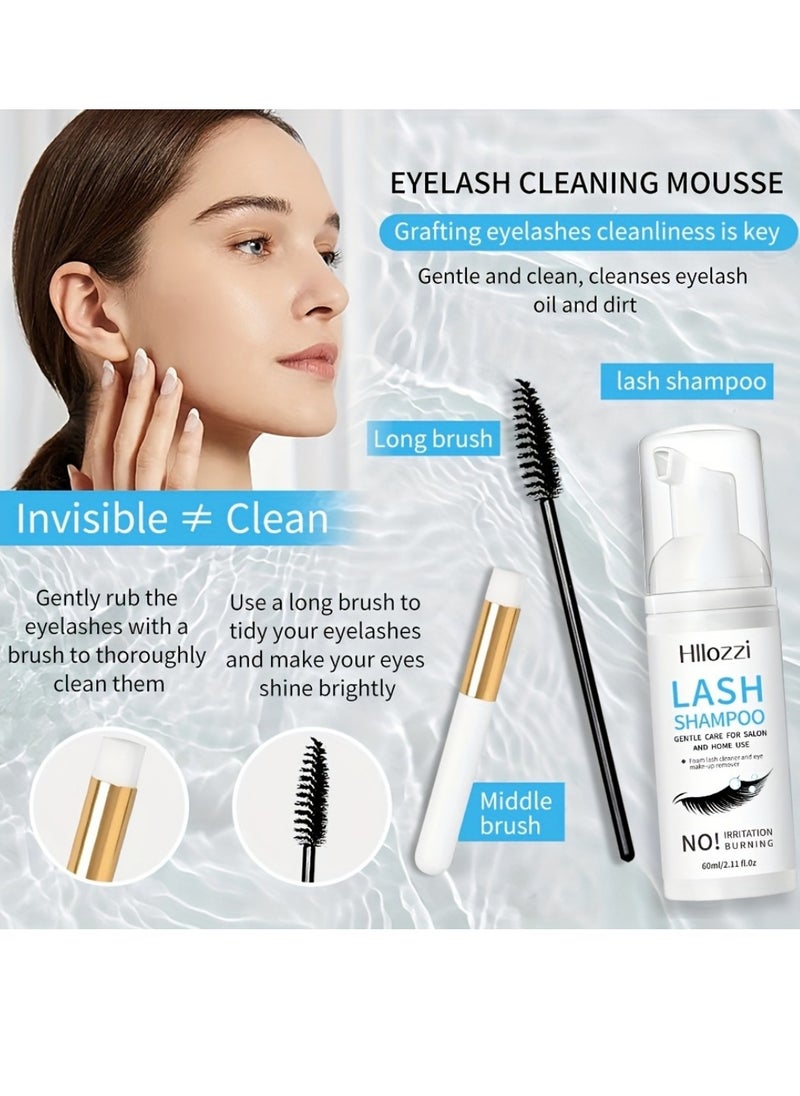 60ml Lash Shampoo Kit Eyelash Shampoo with Cleaning Brush and Mascara Foam Lash Extension Cleanser Gentle No Irritation Shampoo for Professional and Home Use Eyelash Extension Cleanser Kit