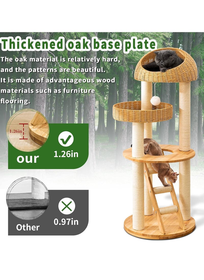 Cat Tree Tower, Cat Bed with with Sisal Staircase , Modern Design Cat Furniture Scratching Tree for Indoor Cat, Cat Tower Sisal-Covered Scratching Posts , Natural Oak Wood Cat Tree for Large Cats, Hand Woven Luxury Cat Condo, Unique High-end Design Cat Furniture Activity Centre, Easy Clean