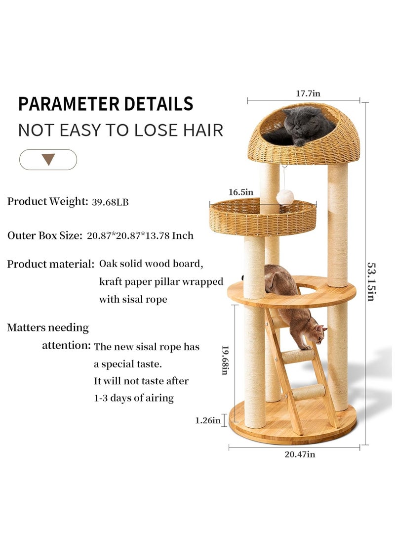 Cat Tree Tower, Cat Bed with with Sisal Staircase , Modern Design Cat Furniture Scratching Tree for Indoor Cat, Cat Tower Sisal-Covered Scratching Posts , Natural Oak Wood Cat Tree for Large Cats, Hand Woven Luxury Cat Condo, Unique High-end Design Cat Furniture Activity Centre, Easy Clean