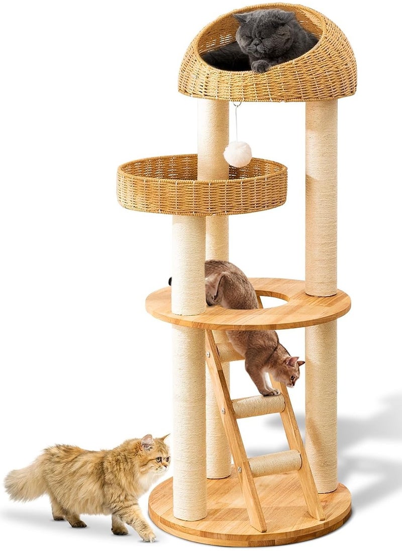 Cat Tree Tower, Cat Bed with with Sisal Staircase , Modern Design Cat Furniture Scratching Tree for Indoor Cat, Cat Tower Sisal-Covered Scratching Posts , Natural Oak Wood Cat Tree for Large Cats, Hand Woven Luxury Cat Condo, Unique High-end Design Cat Furniture Activity Centre, Easy Clean