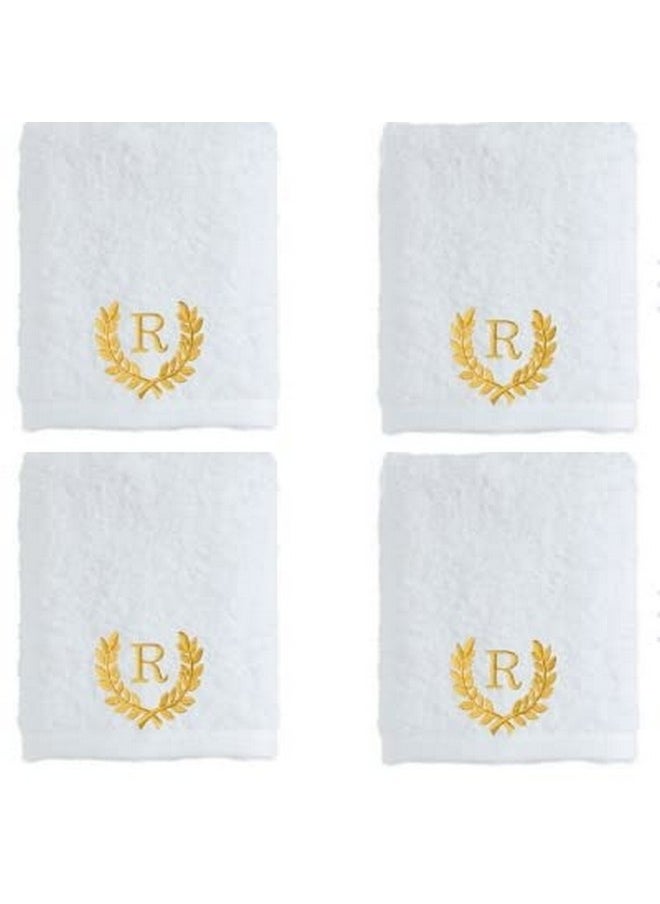 Mrunals Fashion- Face Towel with Alphabet Embroidery (Pack of 4), Face Towel 60 GSM Size 12 X 12 inch, Golden Color Embroidery, White Towel (Golden Embroidery R)