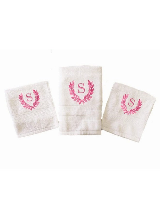 Mrunals Fashion-1 Hand & 2 Face Towel with Alphabet Embroidery(Pack of 3), Pink Embroidery, Hand Towel 150 GSM Size 16 (W) X 27(L) inch, Face Towel 60 GSM Size 12 X 12 inch (Pink Embroidery S)