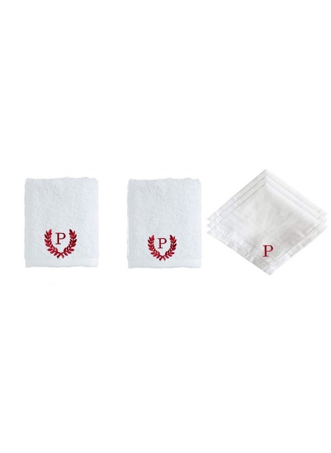 Mrunals Fashion- 2 Face Towel & 3 Handkerchief with Alphabet Red Embroidery(Pack of 5), Face Towel 60 GSM Size 30.48 cm X 30.48 cm, Handkerchief Size 45 cm X 45 cm. (Red Embroidery P)