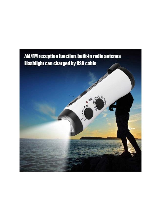 Hand Crank Flashlight Radio Emergency USB Solar Power AM/FM Radio with LED Torch for Household and Outdoor Survival Mobile Phone Charging(White)