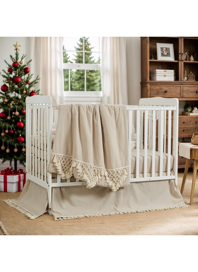Brandream Gender Neutral Boho Bohemian Baby Girl Boy Nursery Crib Bedding Set 3 Pieces Solid Beige Farmhouse Chic Unisex Minimalist Tassel Fringe Macrame Cozy 100% Cotton with Washed Craft Super Soft